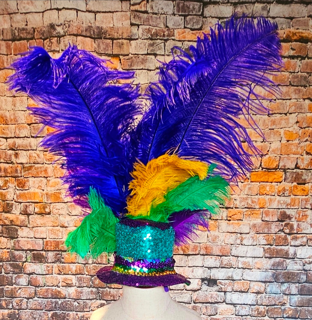 Mardi Gras Sequin feather pet hat, Fat Tuesday sequin pet hat, Feather Pet top hat