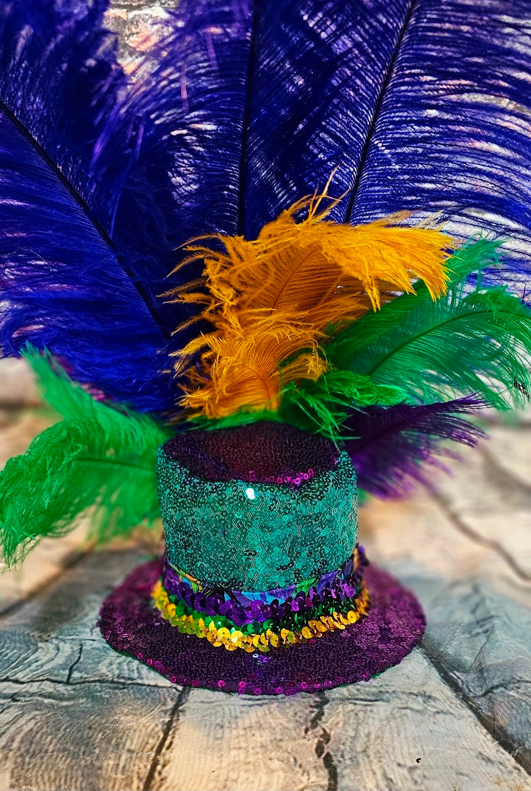 Mardi Gras Sequin feather pet hat, Fat Tuesday sequin pet hat, Feather Pet top hat