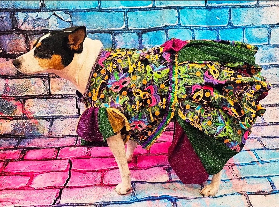 Mardi Gras Pet Dress, Mardi Gras Pet Costume, Mardi gras dog dress and mask