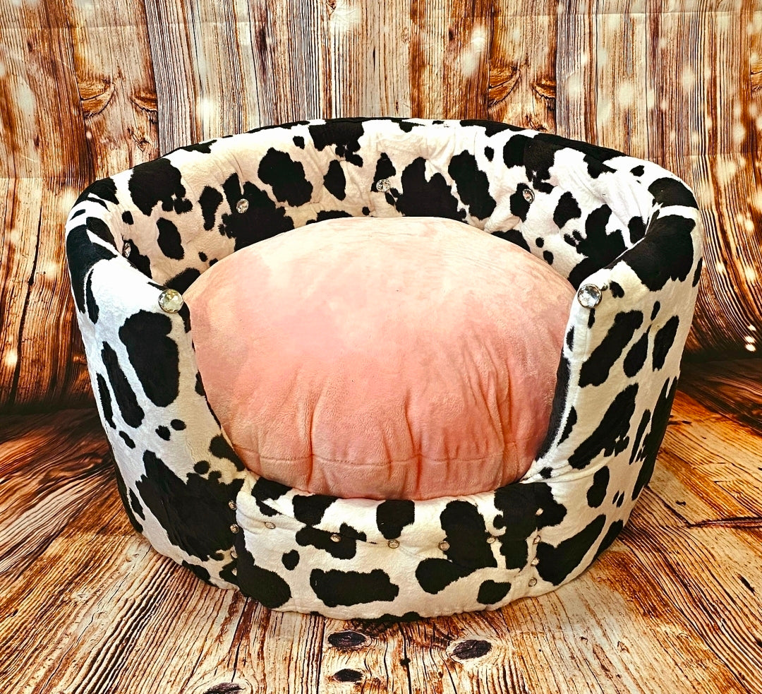 Cow print pet bed, luxury cow pet bed, round cow pet bed