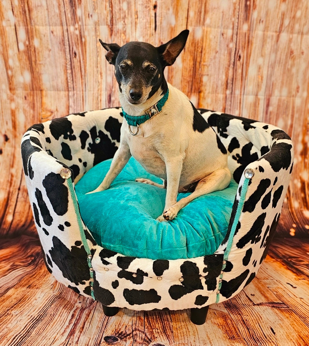 Cow print pet bed, luxury cow pet bed, round cow pet bed