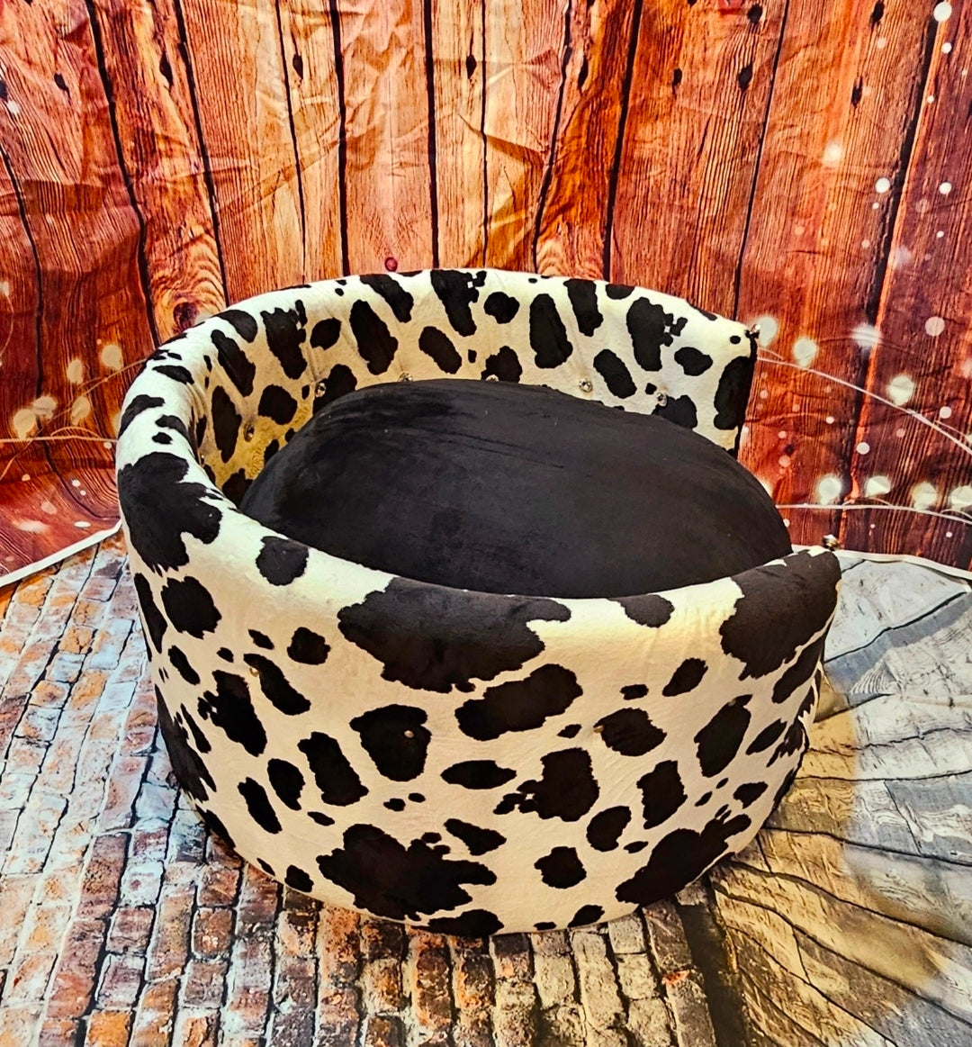 Cow print pet bed, luxury cow pet bed, round cow pet bed