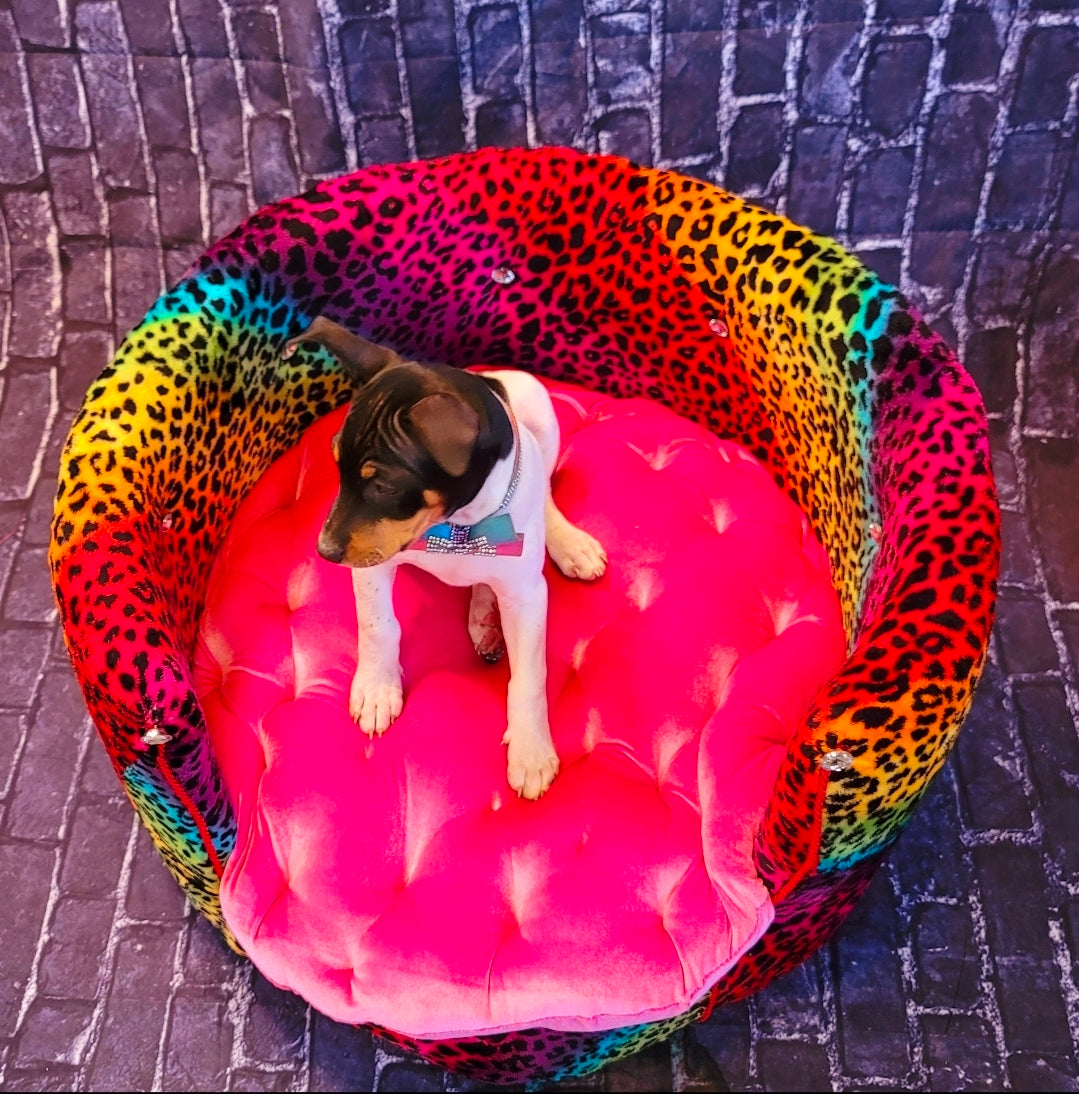 Rainbow Leopard round pet bed, High back round dog bed, luxury leopard pet bed