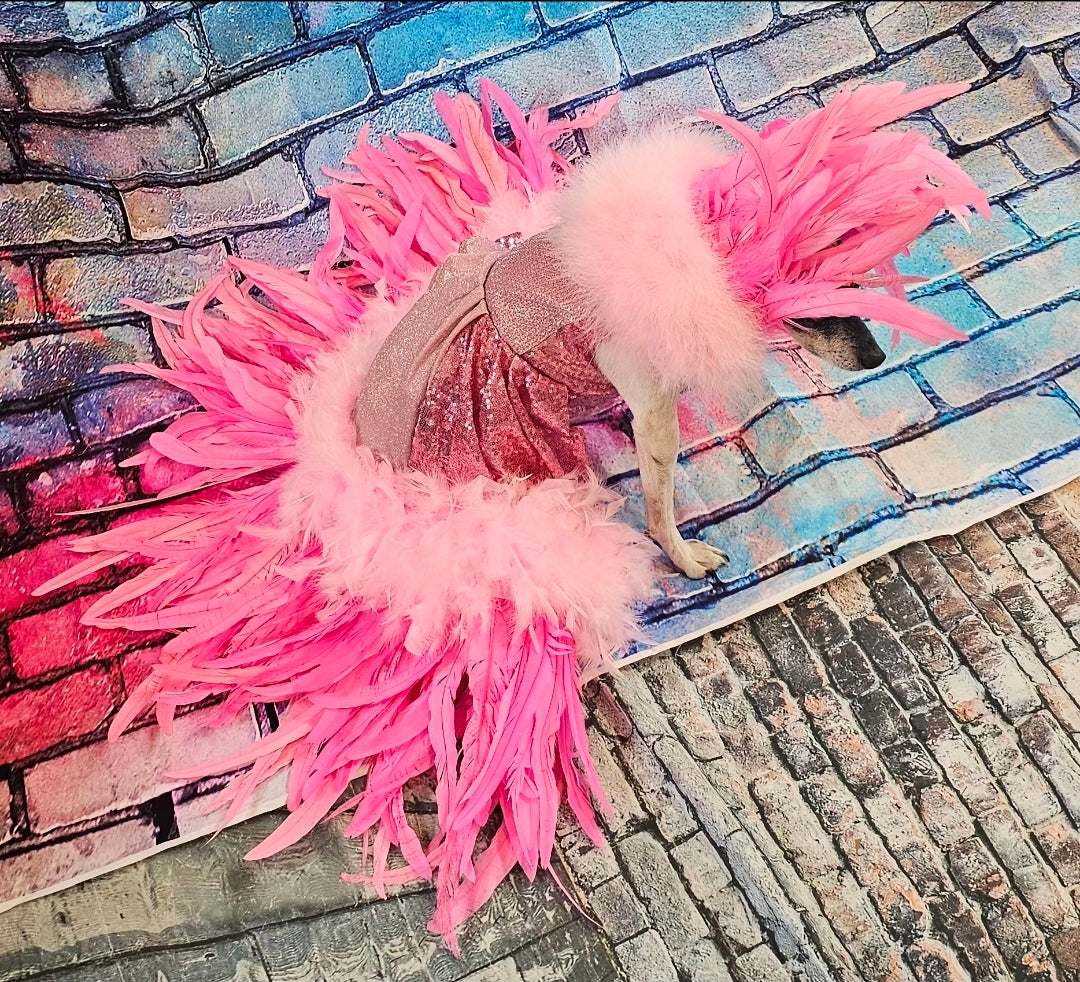 Couture feather sequin pet dress, Gala Pet Costume, Pink feather pet dress