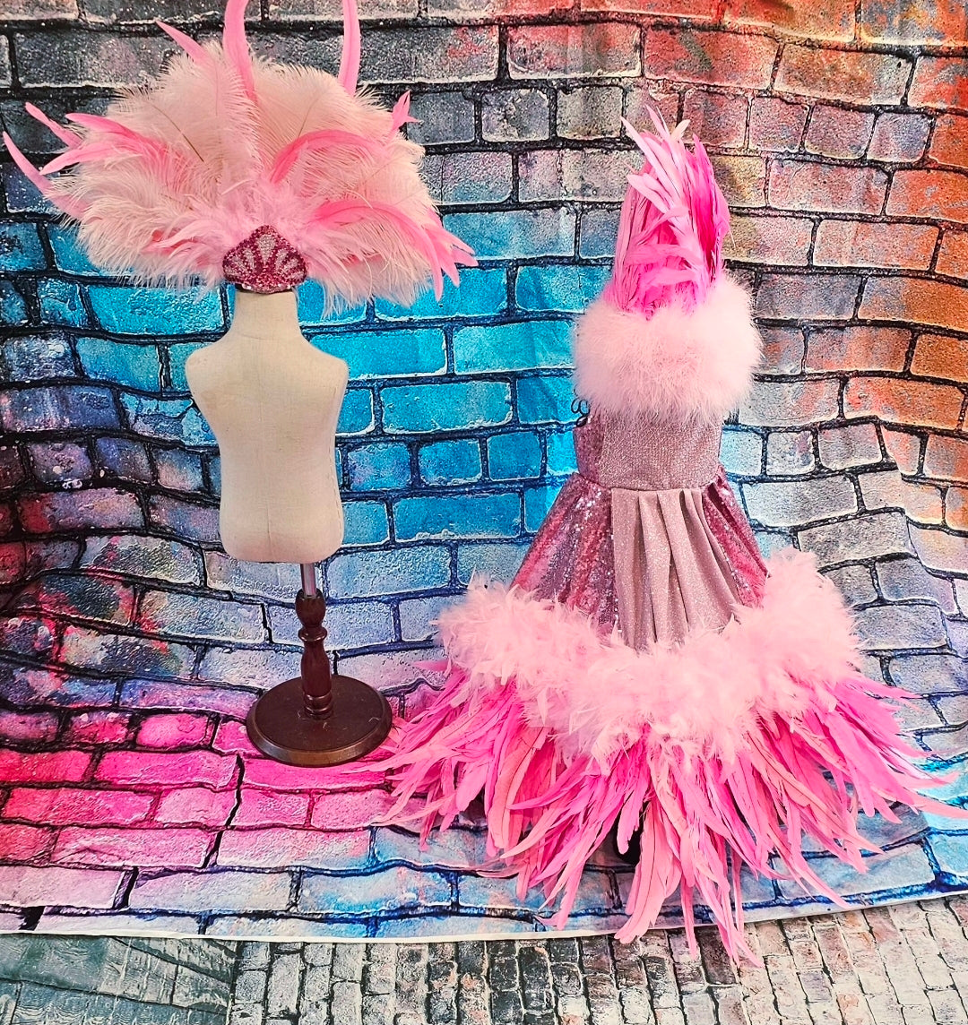 Couture feather sequin pet dress, Gala Pet Costume, Pink feather pet dress