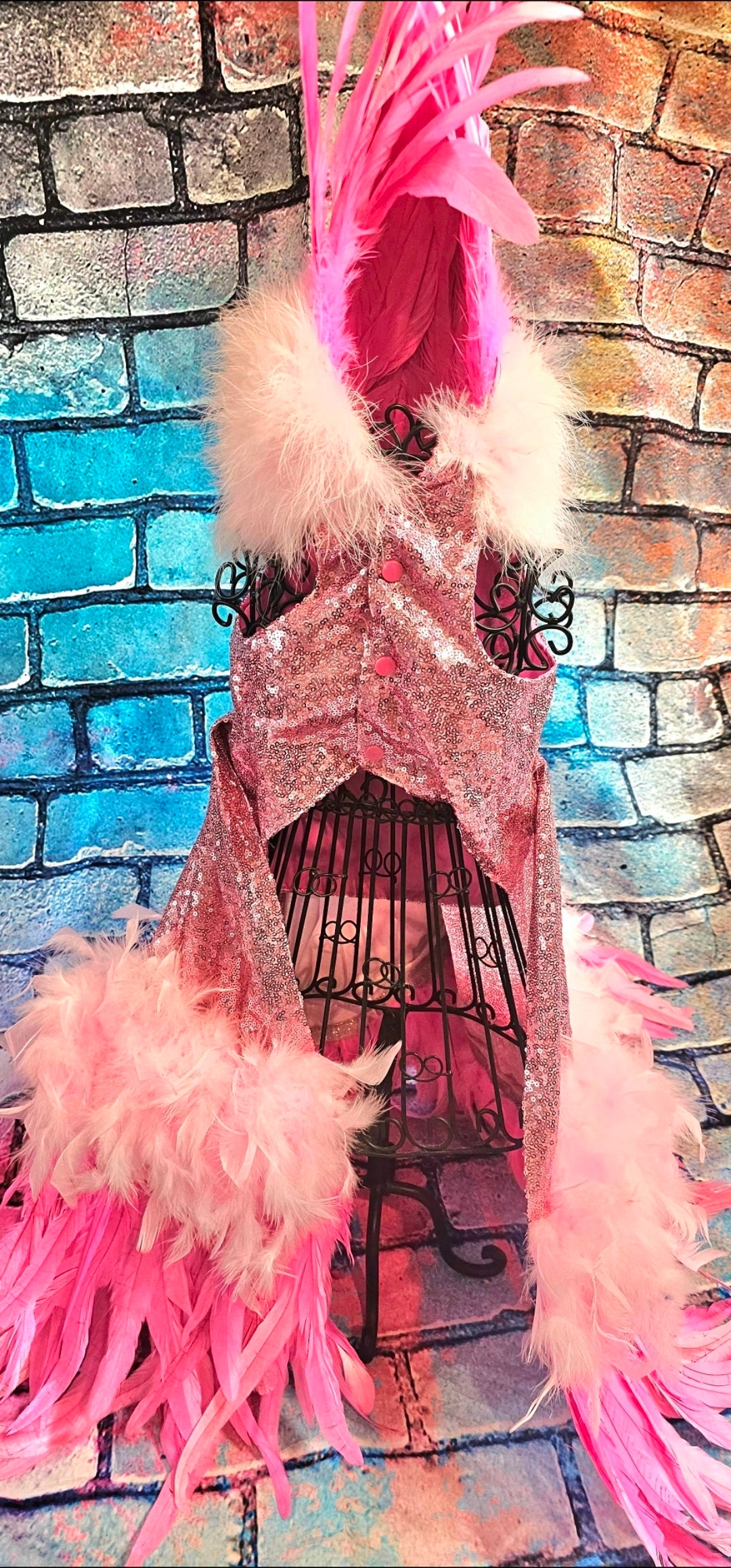 Couture feather sequin pet dress, Gala Pet Costume, Pink feather pet dress
