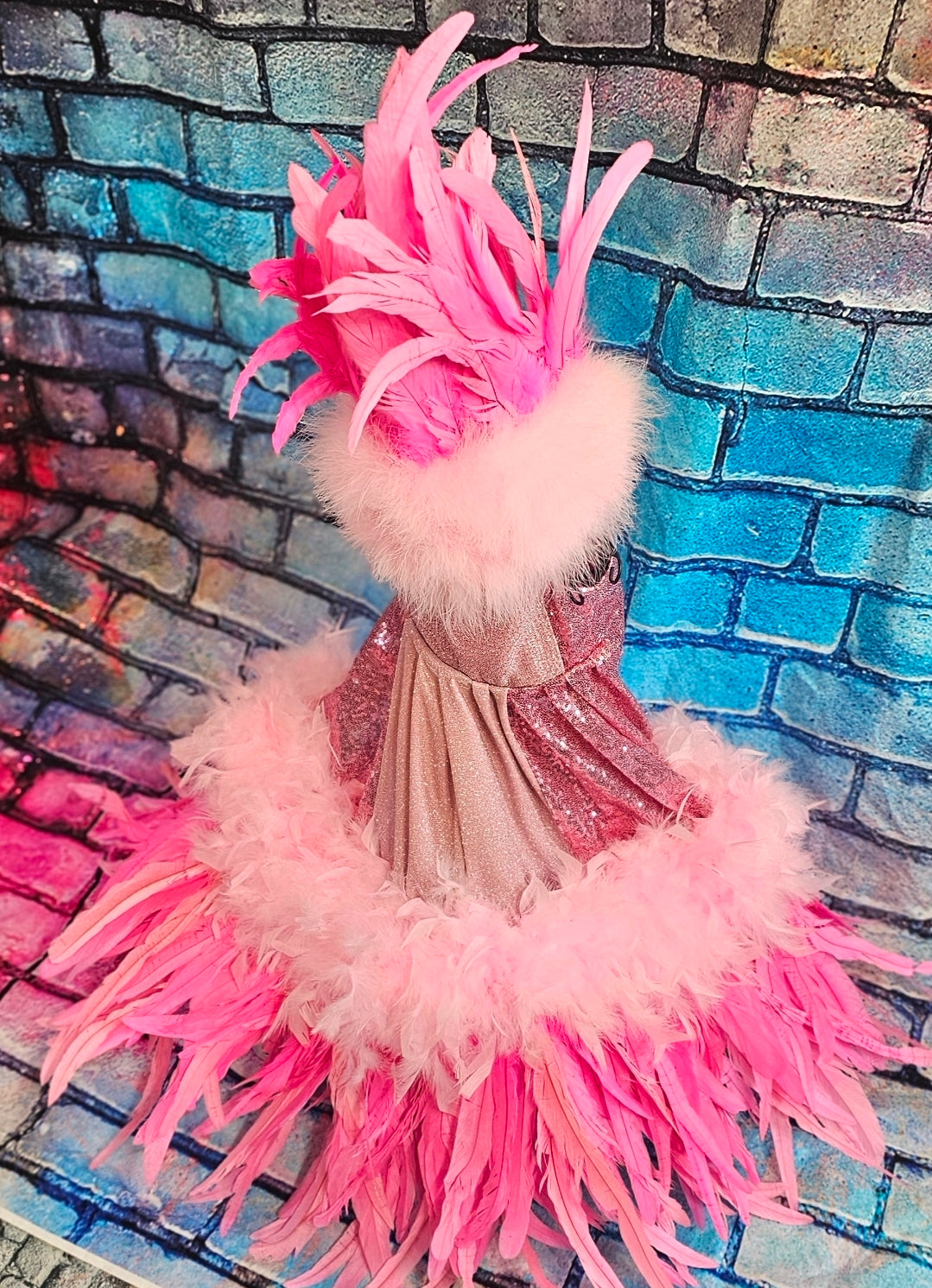 Couture feather sequin pet dress, Gala Pet Costume, Pink feather pet dress