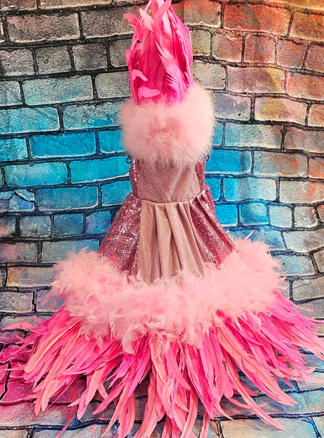 Couture feather sequin pet dress, Gala Pet Costume, Pink feather pet dress