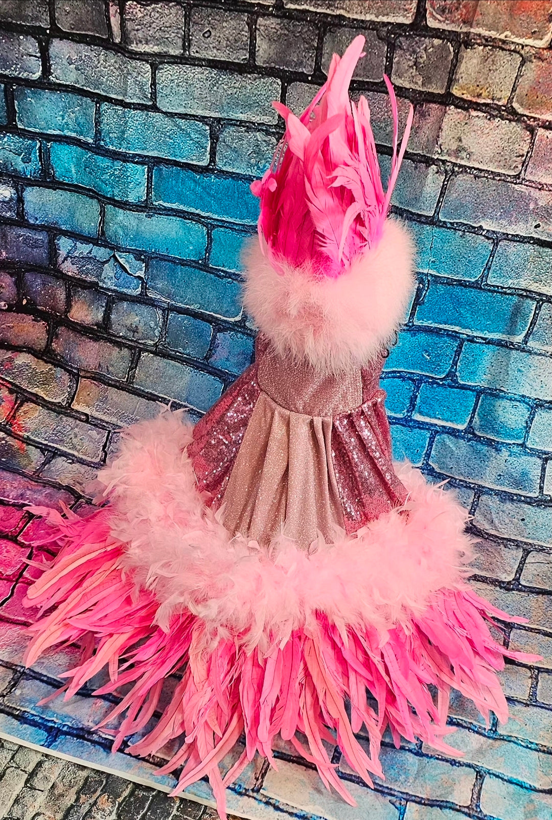 Couture feather sequin pet dress, Gala Pet Costume, Pink feather pet dress