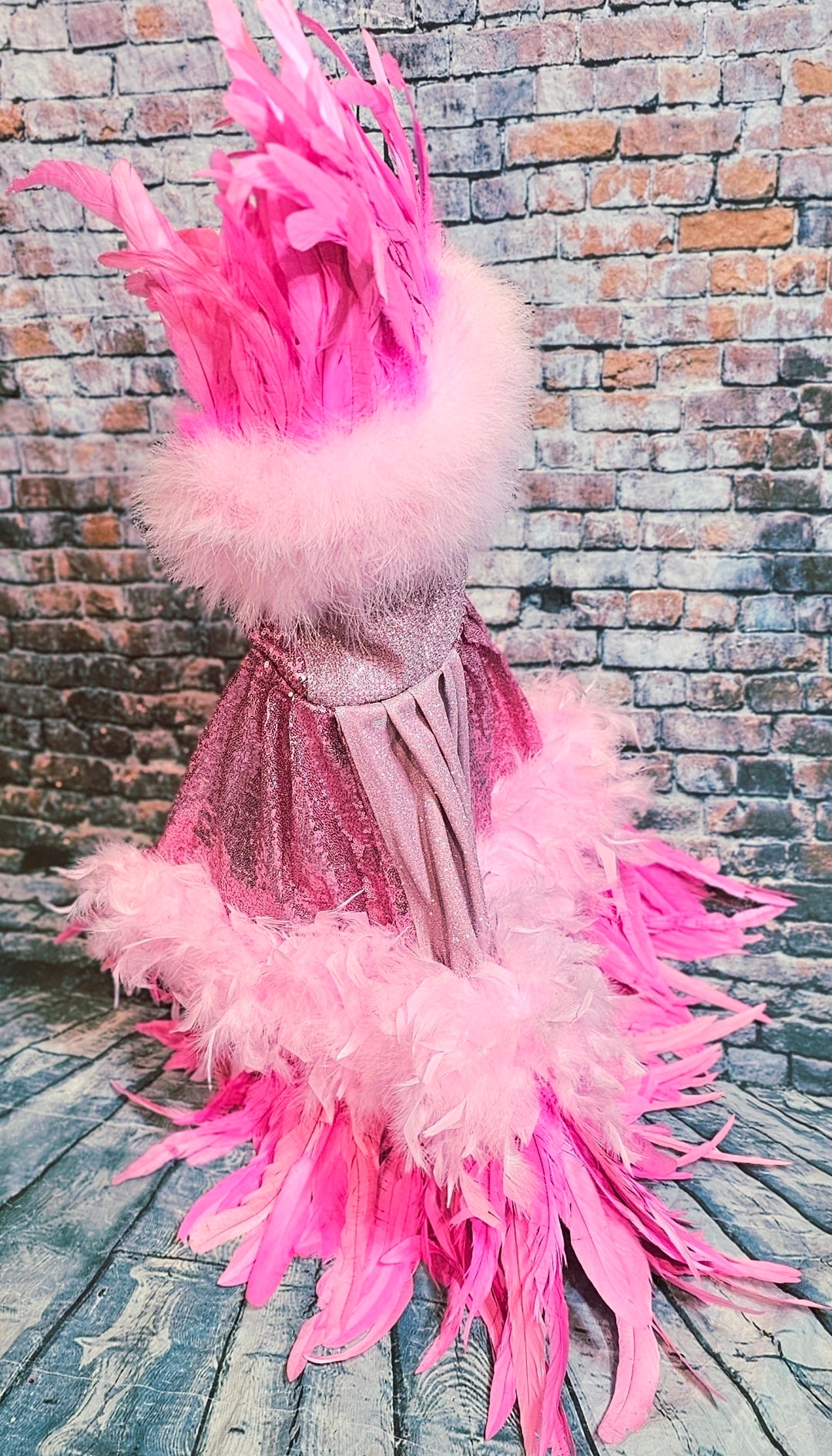 Couture feather sequin pet dress, Gala Pet Costume, Pink feather pet dress