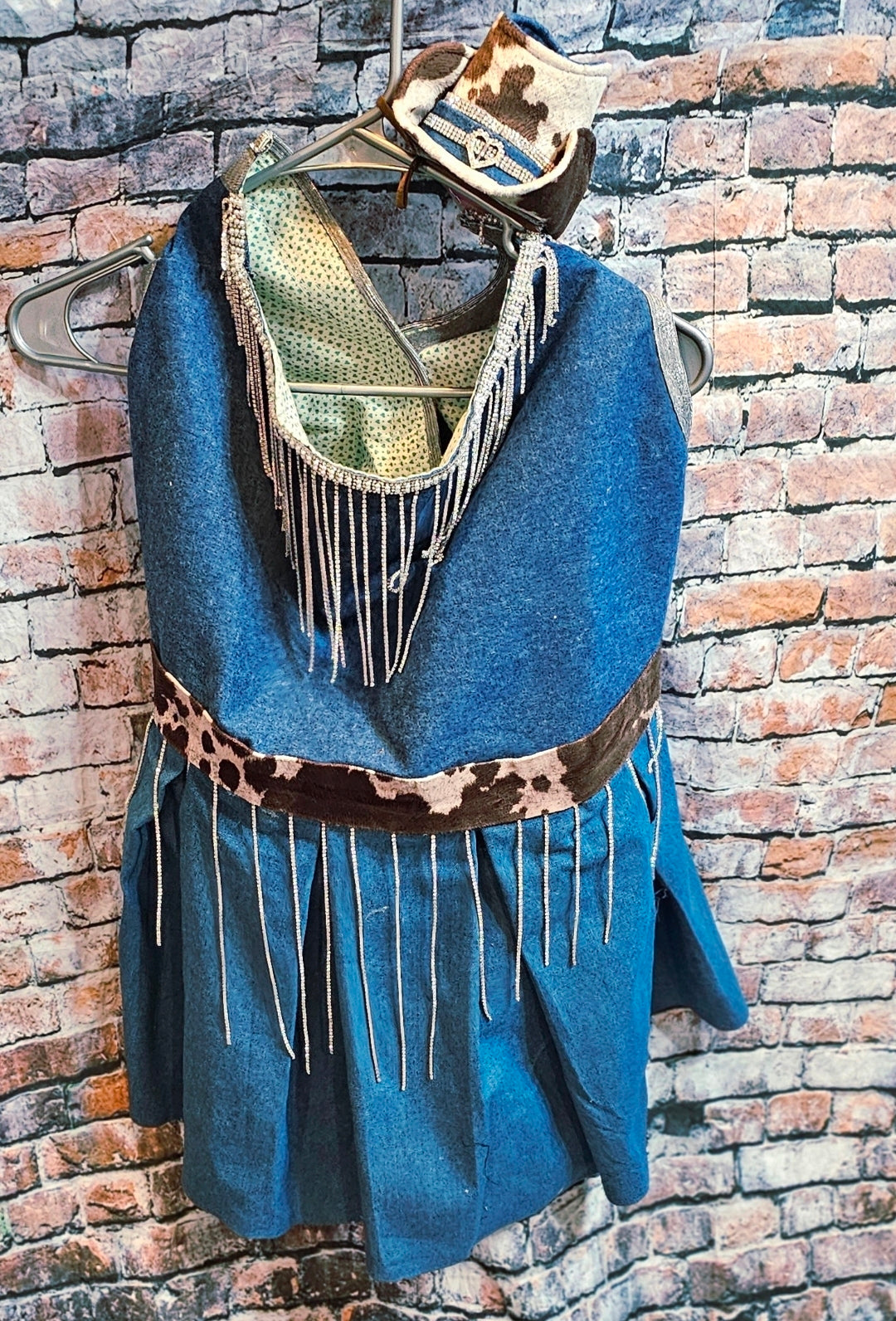 Blue Jean bling western pet dress, rhinestone cowgirl pet costume, cow print blue jean dog dress