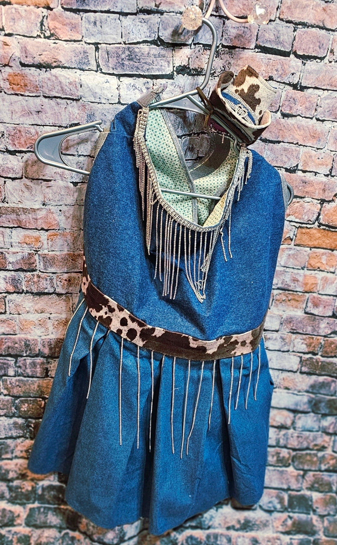 Blue Jean bling western pet dress, rhinestone cowgirl pet costume, cow print blue jean dog dress