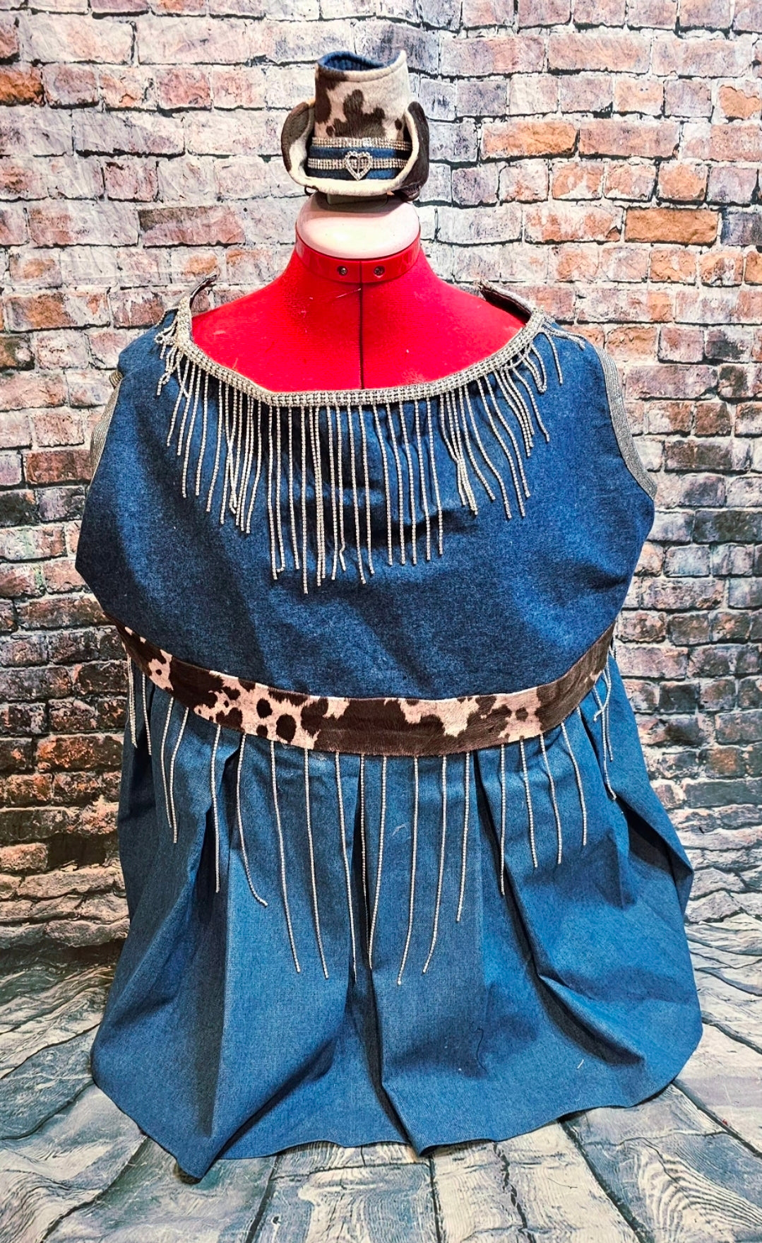 Blue Jean bling western pet dress, rhinestone cowgirl pet costume, cow print blue jean dog dress