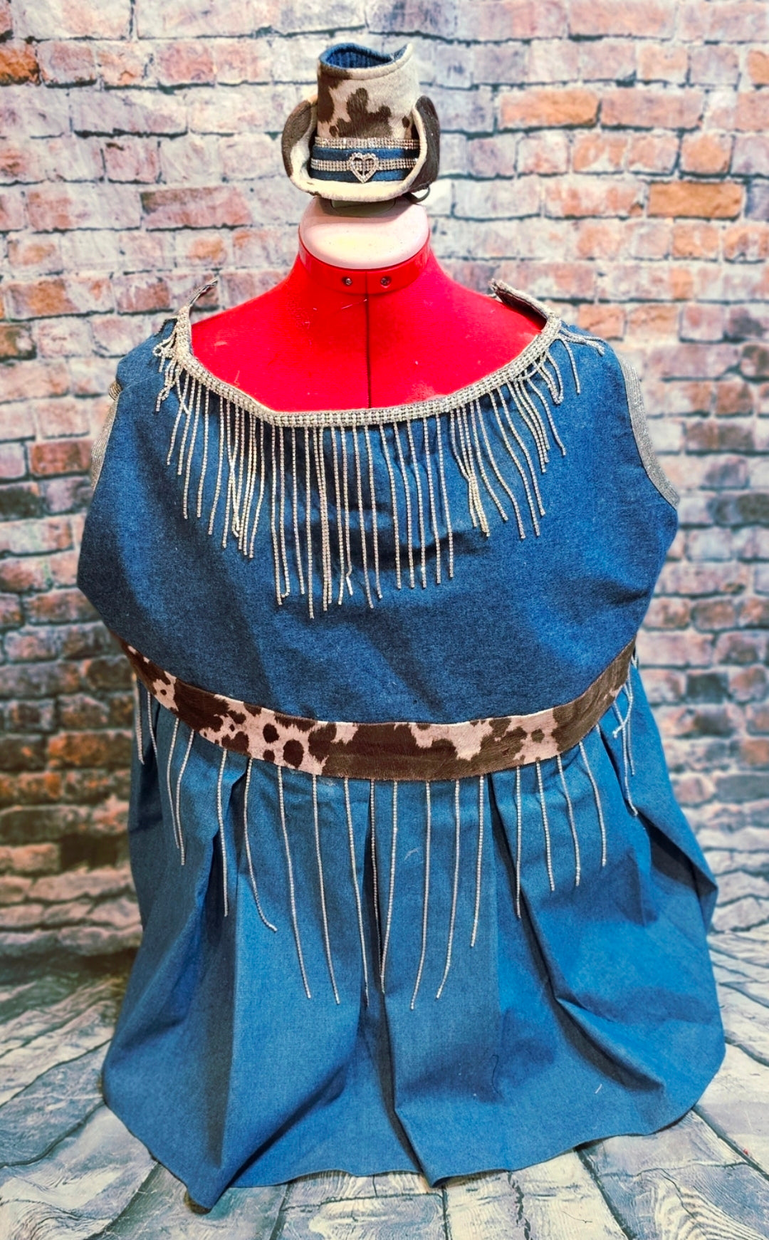 Blue Jean bling western pet dress, rhinestone cowgirl pet costume, cow print blue jean dog dress