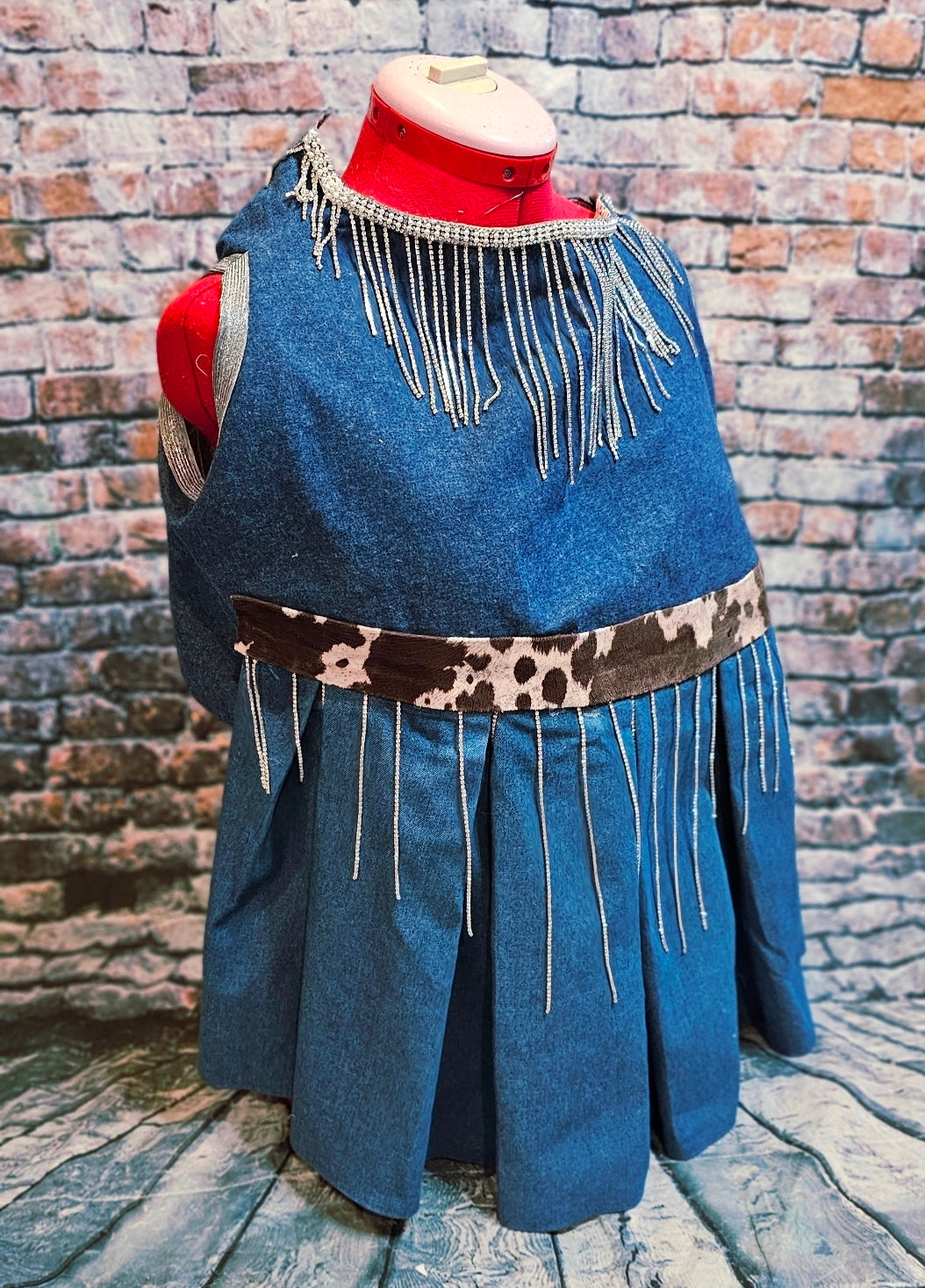 Blue Jean bling western pet dress, rhinestone cowgirl pet costume, cow print blue jean dog dress