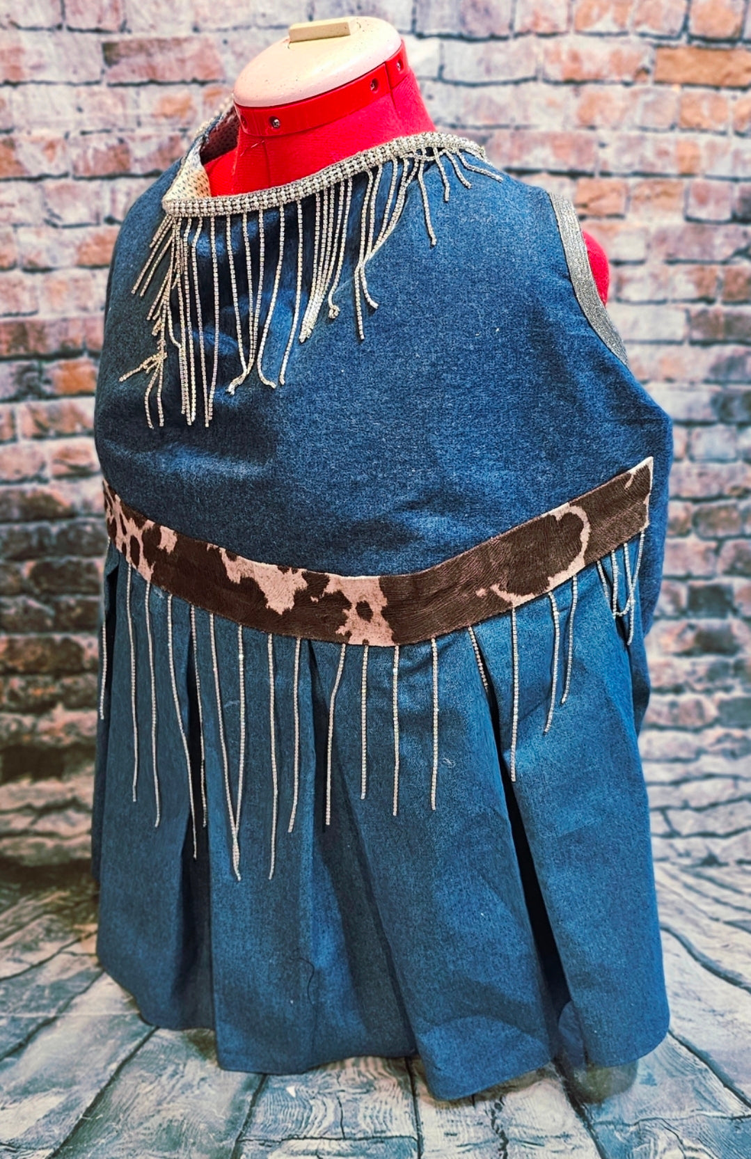 Blue Jean bling western pet dress, rhinestone cowgirl pet costume, cow print blue jean dog dress