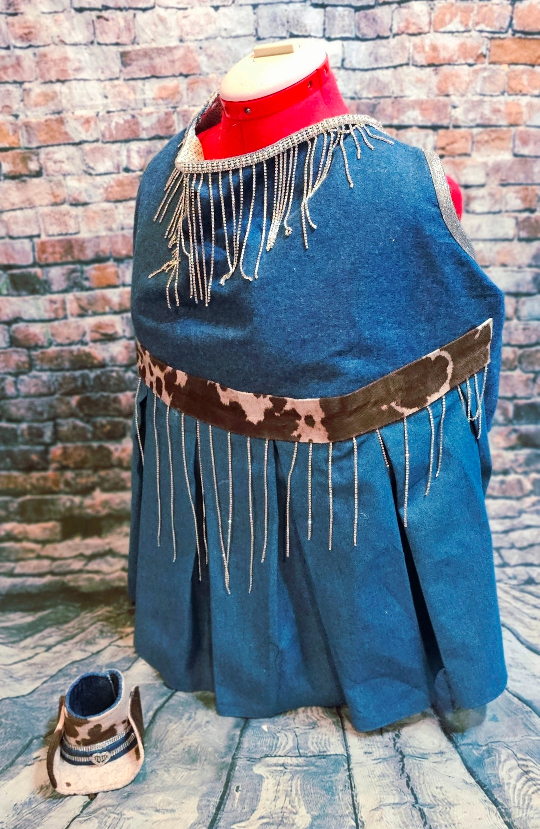 Blue Jean bling western pet dress, rhinestone cowgirl pet costume, cow print blue jean dog dress