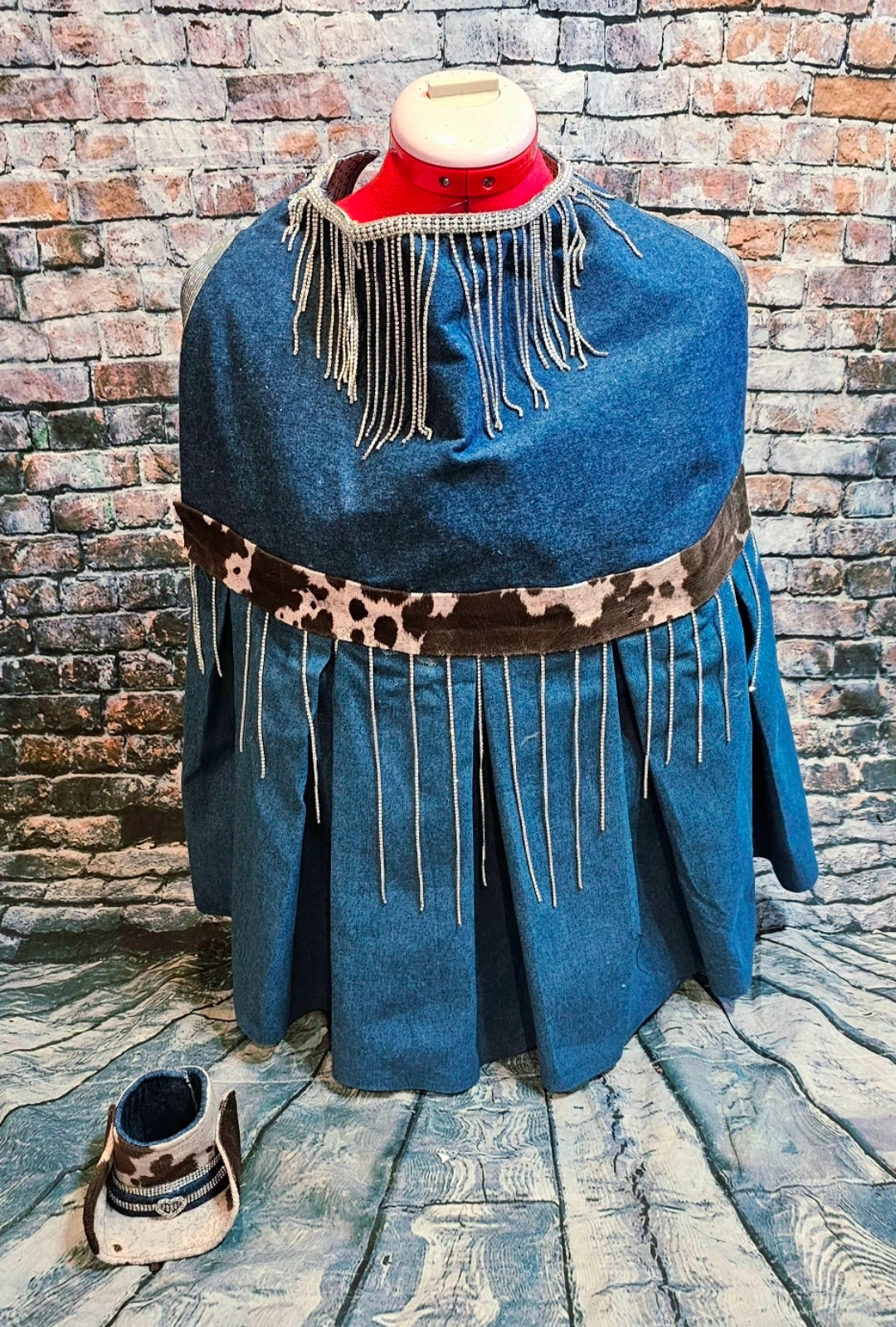 Blue Jean bling western pet dress, rhinestone cowgirl pet costume, cow print blue jean dog dress