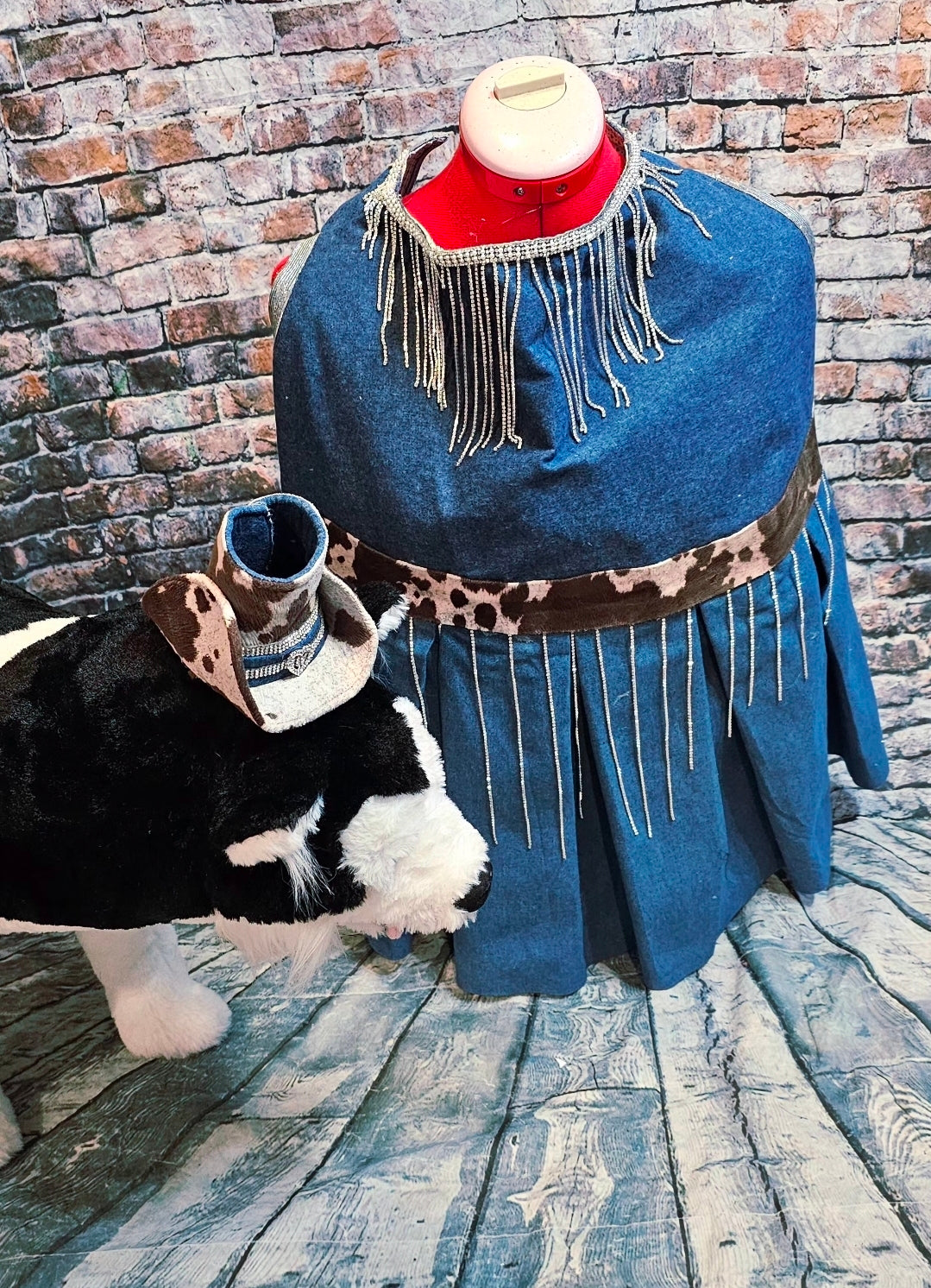 Blue Jean bling western pet dress, rhinestone cowgirl pet costume, cow print blue jean dog dress