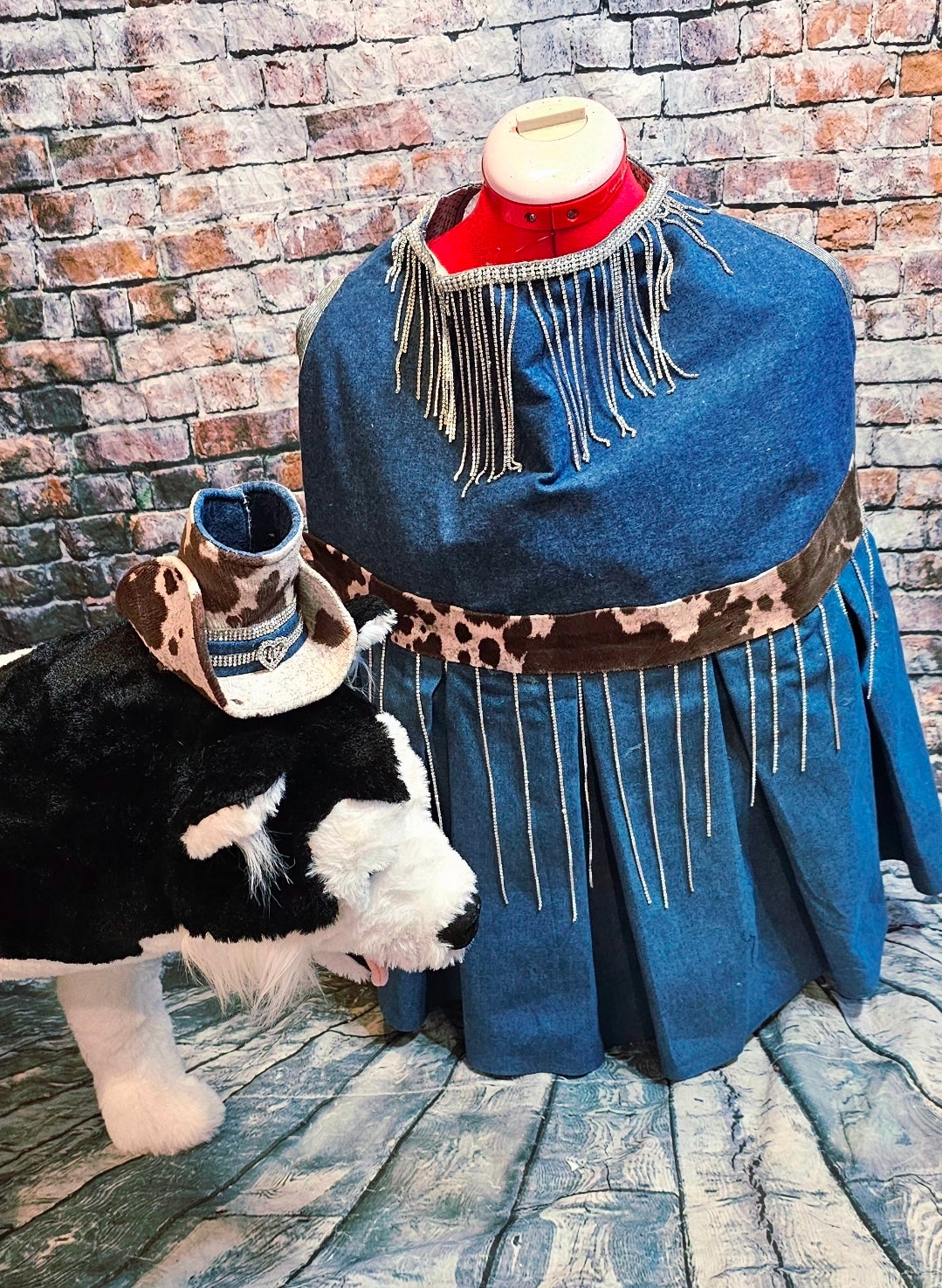 Blue Jean bling western pet dress, rhinestone cowgirl pet costume, cow print blue jean dog dress