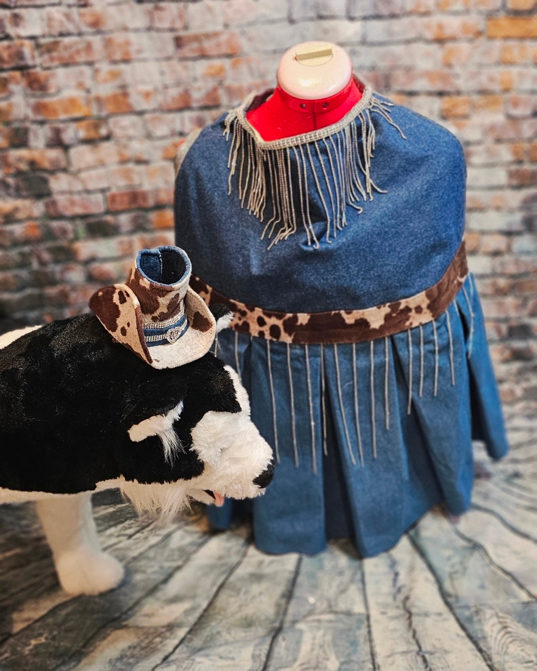 Blue Jean bling western pet dress, rhinestone cowgirl pet costume, cow print blue jean dog dress