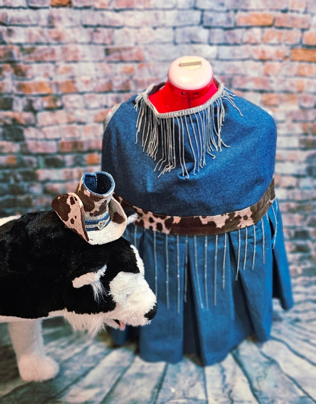 Blue Jean bling western pet dress, rhinestone cowgirl pet costume, cow print blue jean dog dress