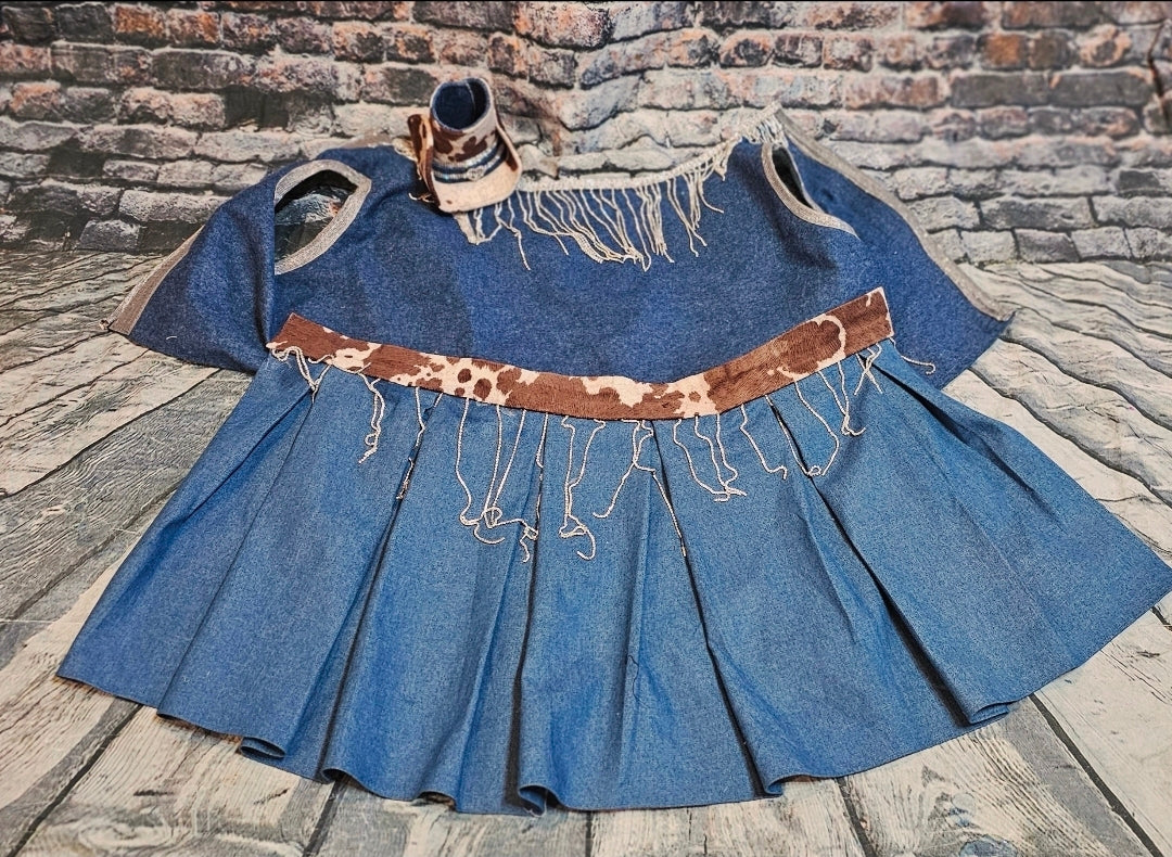 Blue Jean bling western pet dress, rhinestone cowgirl pet costume, cow print blue jean dog dress