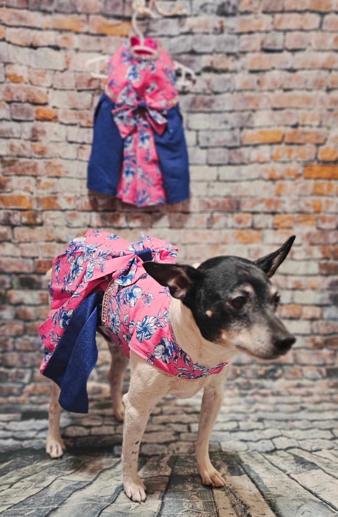 Flower blue jean pet dress, Pink flower pet dress