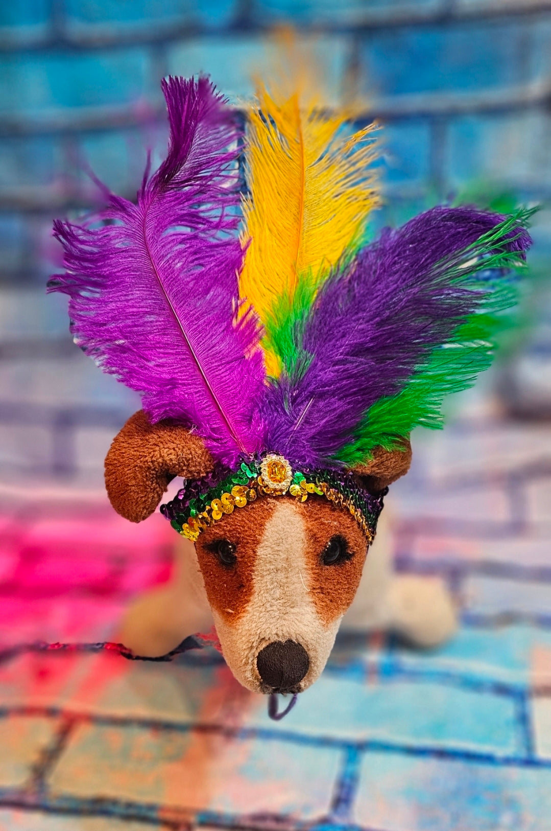 Mardi gras flapper pet headpiece, sequin feather dog headpiece