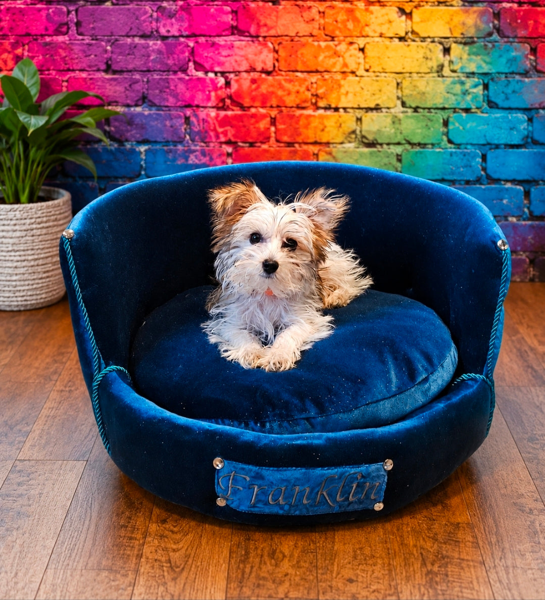 Personalized embroidered glitter round pet bed, custom dog bed