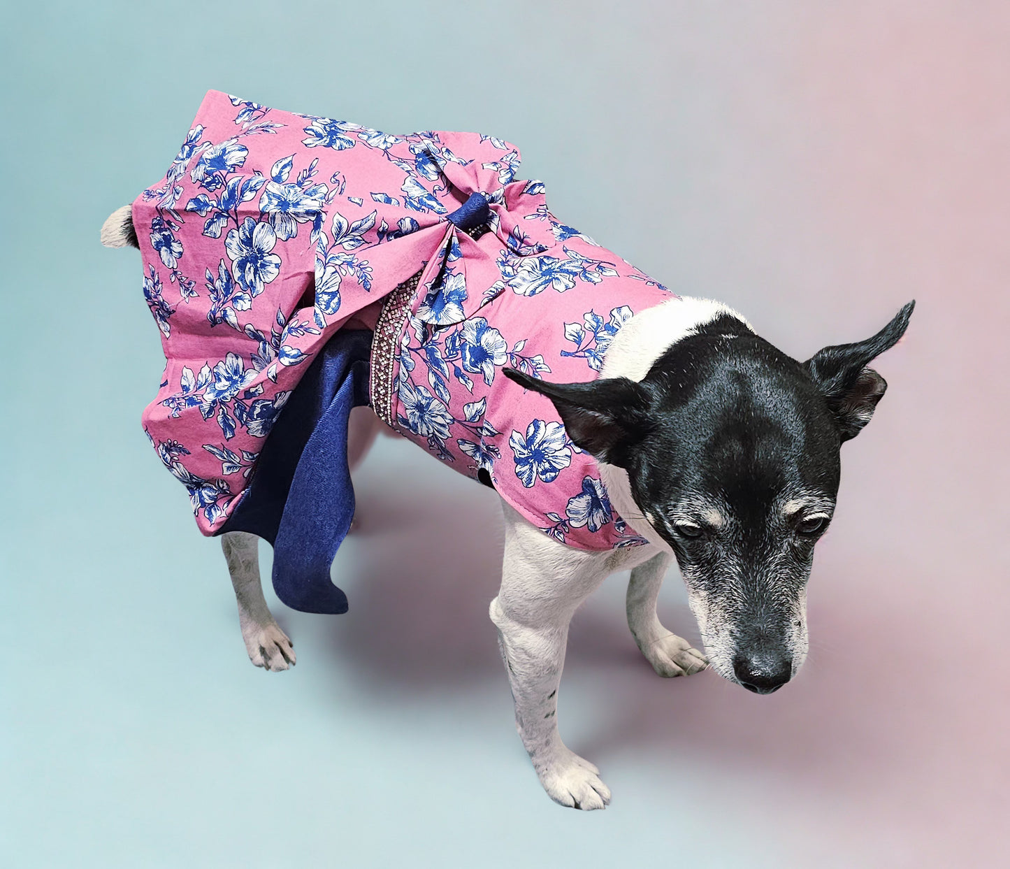 Flower blue jean pet dress, Pink flower pet dress
