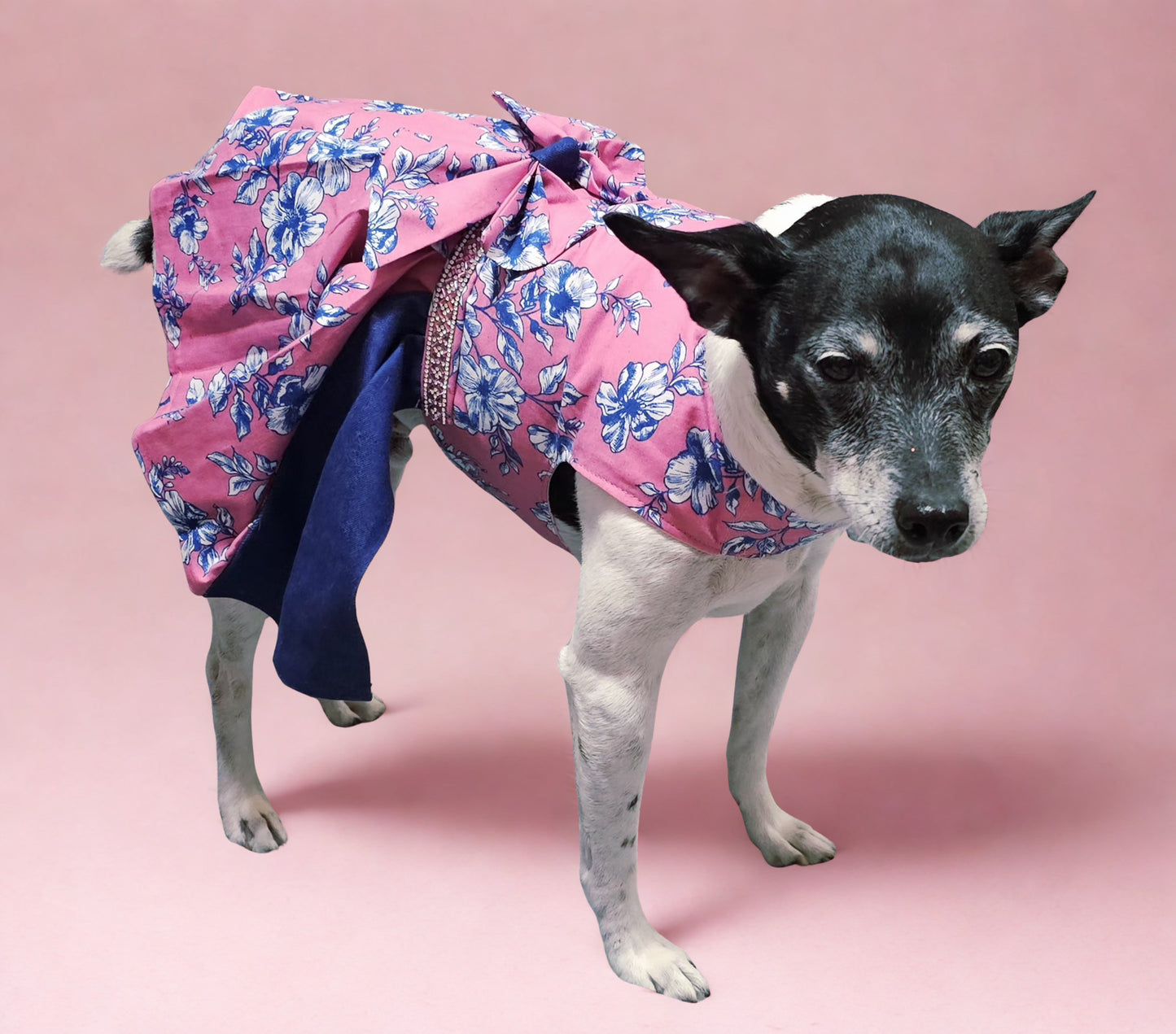 Flower blue jean pet dress, Pink flower pet dress