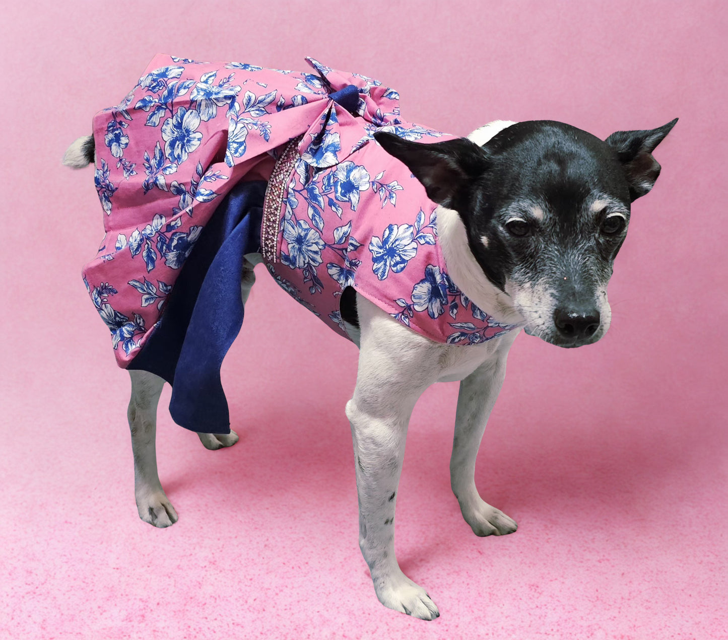 Flower blue jean pet dress, Pink flower pet dress