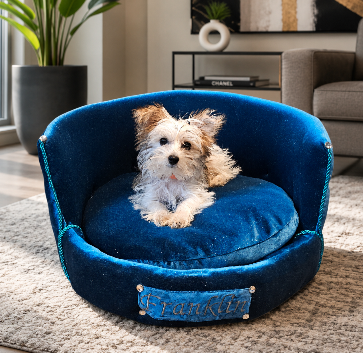Personalized embroidered glitter round pet bed, custom dog bed