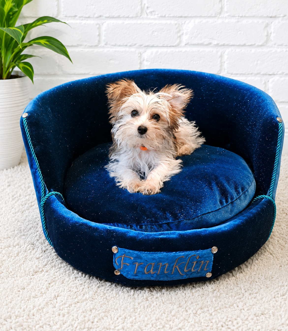 Personalized embroidered glitter round pet bed, custom dog bed