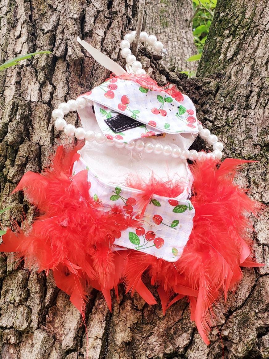 Feather Pet dress, fun pet dress, feather cat dress, cherry cat dress, feather dog dress, cherry dog dress, cherry pet dress, purple feather