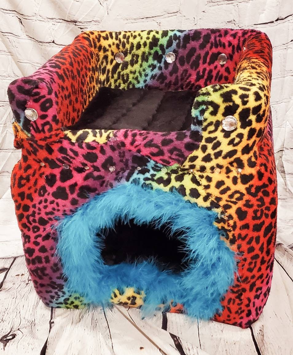 Cat loft bet, cat two story playhouse condo, cat two story bed, luxury cat play bed, pet two story bed, leopard cat bed, rainbow pet bed