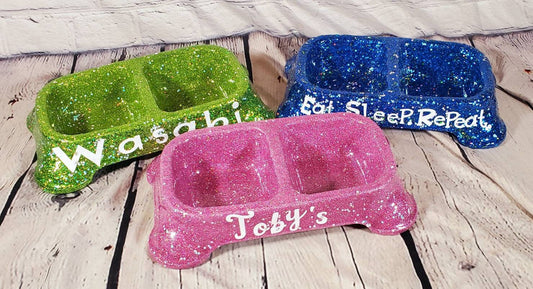 Glitter dual dog food bowl, dual pet bowl, Personalize glitter dual food bowl, cat glitter bowl, dog glitter food bowl, pink food bowl, teal