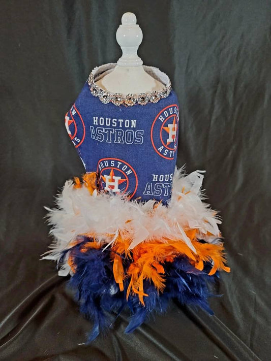 Houston Astros feather Pet dress, Astros feather dog dresses, Astros cat dress, Houston Astros Pet dresses, feather pet dresses, dog dress