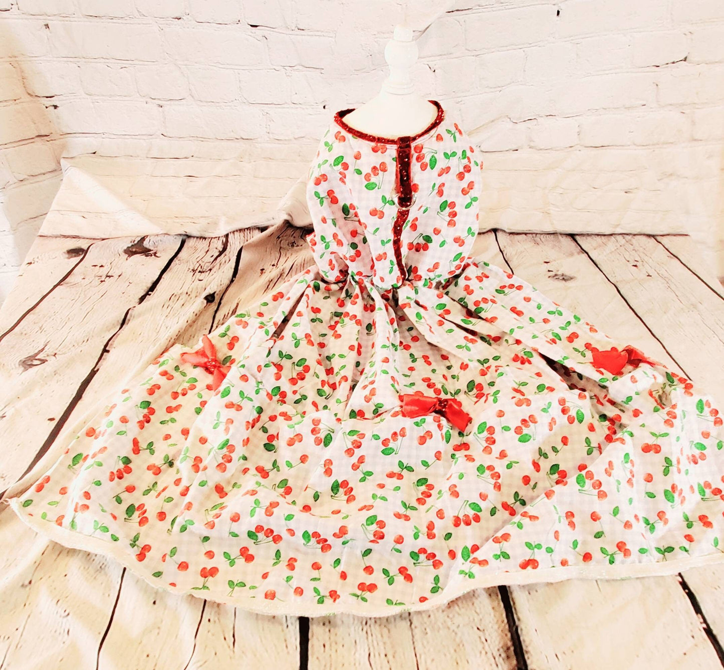Cherry Pet Dress, Cherry dog dress, cherry cat dress, gingham print pet dress, lingerie pet dress with bows, dresses for pets, summer pet