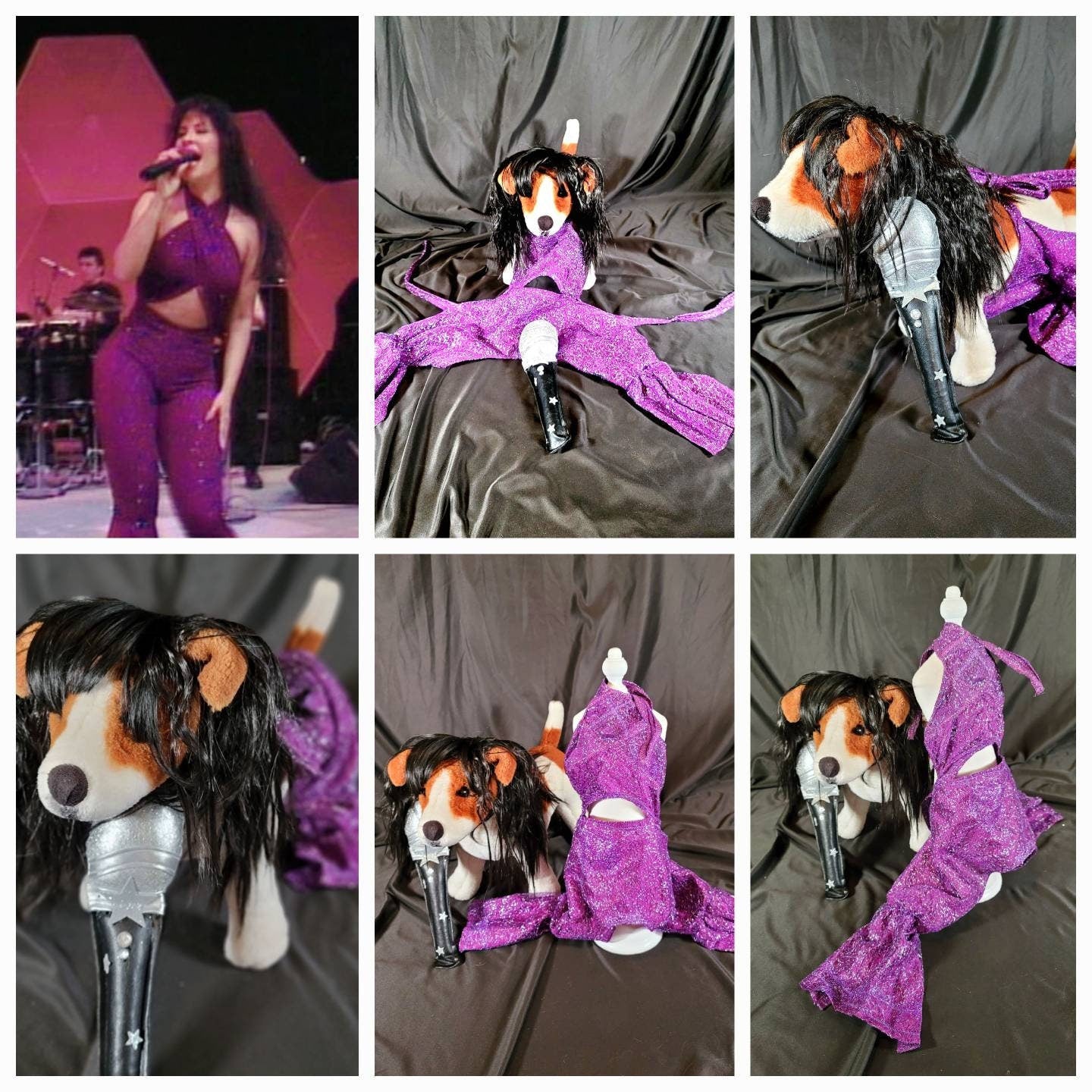 Selena replica Pet Costume, Selena Dog costume, Selena Iconic purple pet costume, Selena purple jumpsuit pet dog cat costume, wig selena