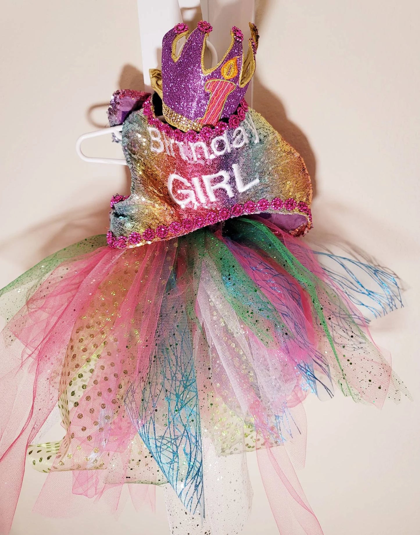 rainbow sequin Birthday Girl pet dress, birthday girl dog dress set, pet birthday crown and dress, Tutu birthday pet dress, sequin birthday dog outfit