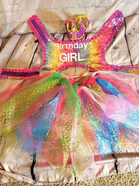 rainbow sequin Birthday Girl pet dress, birthday girl dog dress set, pet birthday crown and dress, Tutu birthday pet dress, sequin birthday dog outfit