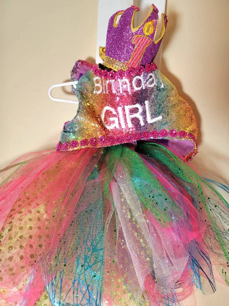 rainbow sequin Birthday Girl pet dress, birthday girl dog dress set, pet birthday crown and dress, Tutu birthday pet dress, sequin birthday dog outfit