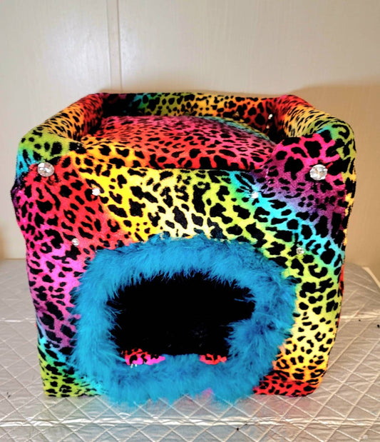 Cat loft bet, cat two story playhouse condo, cat two story bed, luxury cat play bed, pet two story bed, leopard cat bed, rainbow pet bed