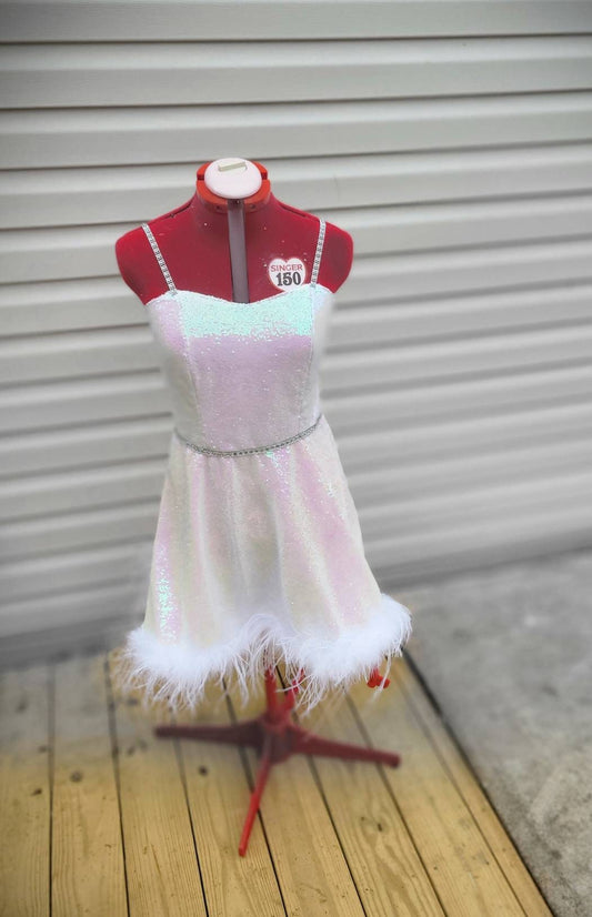White Bachelorette sequin dress, white sequin dress, special occasion sequin dress, feather woman's dress, sequin dresses for women, irradescent
