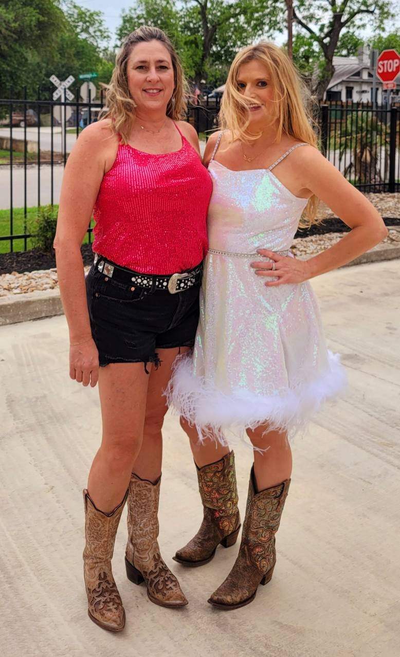 White Bachelorette sequin dress, white sequin dress, special occasion sequin dress, feather woman's dress, sequin dresses for women, irradescent