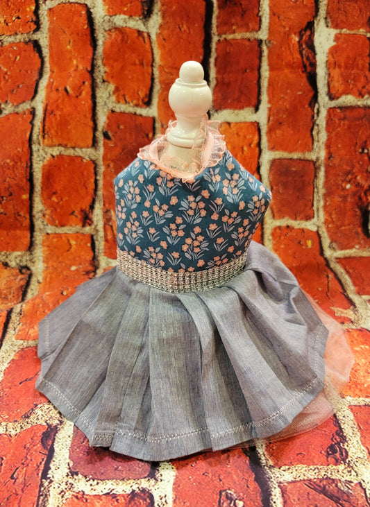 Flower pet dress, flower dog dress, flower cat dress, blue jean pet dress, pet dresses, dog dresses, blue jean dog dress