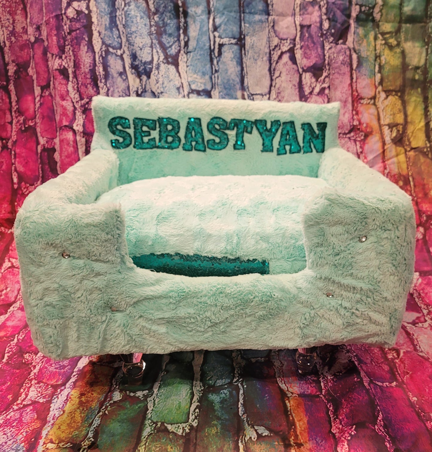 Luxury pet bed, personalized sequin pet bed, personalized pet furniture, acrylic pet bed, pet bed with legs, dog luxury bed