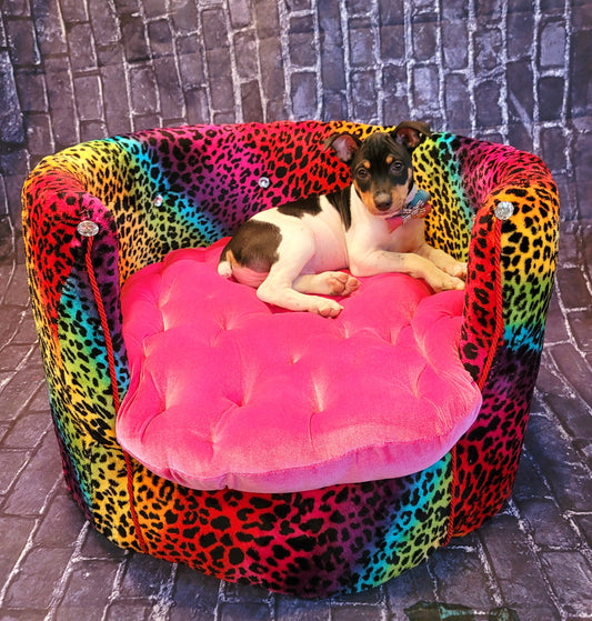 Rainbow Leopard Round Luxury high back kid, cat, pet chair bed, pet furniture, parson Pet Chair, dog furniture, cat furniture